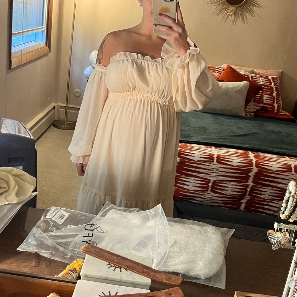 Maternity Cream Off-Shoulder Dress